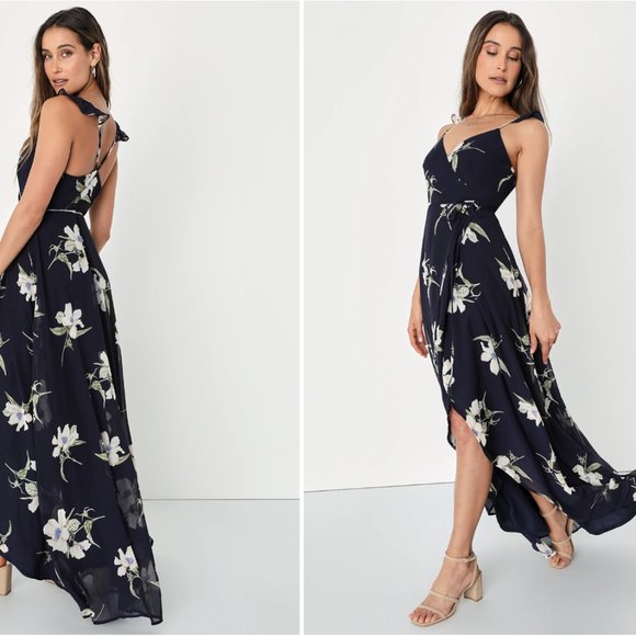 Lulus All Mine Navy Blue Floral Print High-Low Wrap Dress X-Small XS - Picture 2 of 5